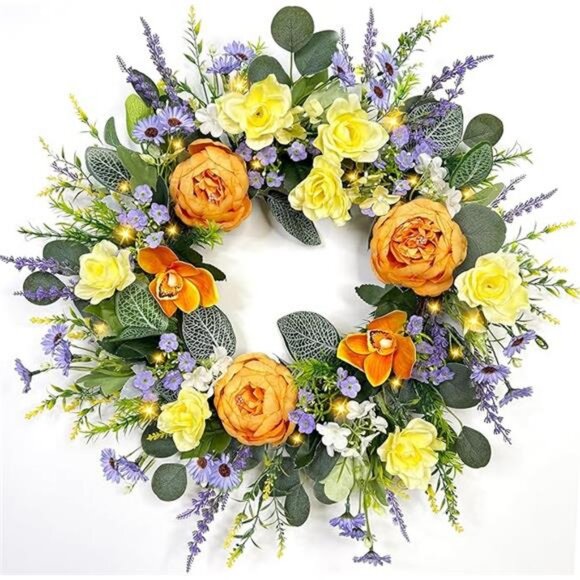 22'' Peony Floral Summer Fall Wreaths for Front Door & Lights Timer - Picture 8 of 8